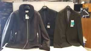 9 PIECE MIXED CLOTHING LOT CONTAINING 7 X BURTON MENSWEAR SLIM WITH STRETCH BLACK BLAZERS SIZE 40S RRP £55.00, 1 X TOPMAN SLIM BLACK BLAZER SIZE 40R AND 1 X TOPMAN WOOL INTERIORED JACKET SIZE XL RRP £89.00 (TOTAL RRP £509.00)