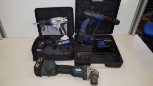 3 PIECE ASSORTED LOT CONTAINING 1 X NUPOWER DRILL AND SPARE BATTERY, 1 X MAKITA ANGLE GRINDER AND 1 X MAC ALLISTER DRILL.