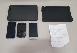 5 PIECE ASSORTED SPARES LOT CONTAINING; 2 X DELL TABLETS 1 X APPLE IPAD 1 X SAMSUNG SMARTPHONE 1 X BLACKBERRY PHONE. (PLEASE NOTE ALL FOR SPARES)