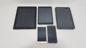 5 PIECE ASSORTED SPARES LOT CONTAINING; 1 X APPLE IPAD 1 X APPLE IPAD MINI 1 X DELL TABLET 1 X GOOGLE PIXEL SMARTHPONE 1 X MOTOROLA SMARTPHONE (PLEASE NOTE ALL FOR SPARES)