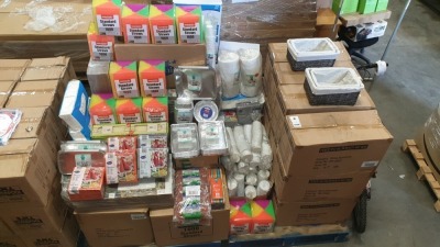 MISC LOT OF HOUSEHOLD / CATERING ITEMS ON 2 PALLETS IE, FOIL CONTAINERS, COLOURED STRAWS,