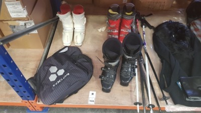 9 PIECE LOT CONTAINING 3 X SKI BOOTS, 1 X TOG 24 BAG, 2 X SETS OF SKIS AND 3 X SET OF SKIING POLES.