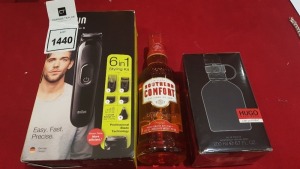 3 PIECE ASSORTED LOT CONTAINING 1 X BRAUN 6 IN 1 STYLING KIT, 1 X HUGO BOSS AFTERSHAVE (200ML) AND 1 X SOUTHERN COMFORT (35CL)