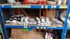 MISC LOT OF PORCELAIN CROCKERY ON A SHELF IE. BLACK / WHITE CUPS, BOWLS, PLATES, GREY / WHITE BOWLS,