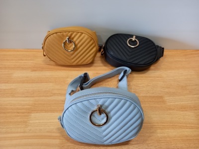 19 X BRAND NEW BUM BAGS IN BLACK, PALE BLUE AND MUSTARD