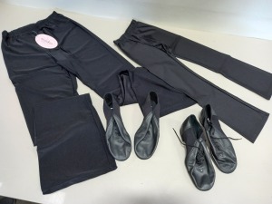 30 PIECE MIXED CLOTHING LOT CONTAINING BRAND NEW BLOCH NEO JAZZ SHOES AND REVOLUTION BOOTLEG PANTS