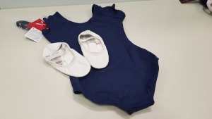 116 PIECE MIXED CLOTHING LOT CONTAINING REVOLUTION DANCEWEAR FULL SOLE BALLET WHITE SHOES AND NAVY SHORT SLEEVED LEOTARDS