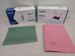 100 + ASSORTED LOT CONTAINING LARGE QUANTITY OF FOLDERS, 5 X ZYXEL PRESTIGE 2602HW SERIES VOIP AND 4 X ZYXEL WIRELESS VOIP STATION GATEWAY P-23O2HW SERIES.