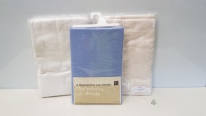 43 PIECE ASSORTED SHEET LOT CONTAINING 18 X BRAND NEW PACK OF 2 LORD OF LINENS FLANNELETTE COT SHEET IN BLUE (100X150CM) AND 25 X BRAND NEW FLANNELETTE COT SHEET (115X173CM APPROX)