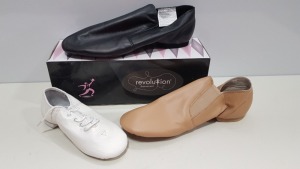 32 PIECE MIXED DANCE SHOE LOT CONTAINING REVOLUTION JAZZ DANCE BOOTS IN BLACK AND DARK TAN AND STRETCH JAZZ SHOES IN WHITE AND BLACK IN VARIOUS SIZES