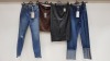 30 PIECE MIXED CLOTHING LOT CONTAINING MADE WELL DENIM SKINNY JEANS, PRINCIPLES ANIMAL MINI SKIRT, OASIS WOOL LONG PINK JACKET, WAREHOUSE DENIM JEANS AND OASIS BLACK LEATHER SKIRT ETC