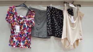 30 PIECE MIXED CLOTHING LOT CONTAINING DOROTHY PERKINS FLOWER PRINT TOP, DOROTHY PERKINS BLOUSE, DOROTHY PERKINS VEST TOP, DOROTHY PERKINS POLO SHIRT, VILLA CLOTHES KNITTED JUMPER, PRINCIPLES SKIRTS AND DEBENHAMS BIKINI TOP ETC