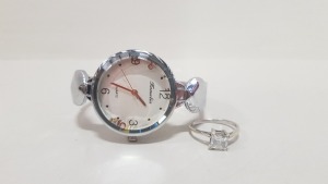 2 PIECE LOT CONTAINING 1 X SILVER COLOURED RING WITH CLEAR STONE AND 1 X WATCH BRANDED RAMELIA (LOOSE BITS INSIDE FACE)