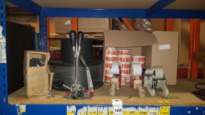 ASSORTED LOT CONTAINING PALLET STRAP, STRAP CUTTER, CLIPS, TAPE AND TAPE DISPENSER.