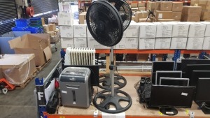 10 PIECE ASSORTED LOT CONTAINING 2 X SINBO FANS, 1 X RADIATOR, 4 X STARTECH S DOCK, 1 X FELLOWES SHREDDER, 1 X HOOVER AND 1 X MONITOR