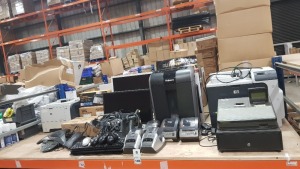 LARGE QUANTITY IT LOT CONTAINING MONITORS, HP PRINTERS, POLYCOM SOUND STATION, A4 PERSONAL LAMINATOR, FELLOWES SHREDDER, BROTHER LABEL PRINTER, SHARP XE-A217B ETC.