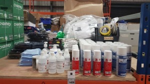 LARGE QUANTITY ASSORTED LOT CONTAINING PROPANE & BUTANE GAS REFIL, LABEL REMOVER, PRO-POWER IPA SOLVENT, SHEILDING BAGS, 70LITRE MAINTENANCE SPILL KIT, FACE MASKS, CLEANING PRODUCTS ETC