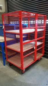 LARGE RED 2 DOOR METAL PORTABLE CAGE WITH 3 SHELVES PLUS MASTER LOCK & KEY - OUTER CAGE SIZE 130CM WIDE, 84CM DEEP, 180CM TALL