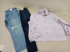 9 PIECE MIXED JEAN LOT CONTAINING TOPSHOP STRAIGHT DENIM JEANS W30 L32, TOPSHOP SUPER SOFT ANKLE GRAZER JEANS W25 L30 AND A TOPSHOP DENIM JACKET UK SIZE 12 ETC