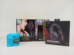 3 PIECE ASSORTED LOT CONTAINING 1 X AMAZON ECHO DOT, 1 X ACER NITRO HEADSET AND 1 X NT1-A STUDIO MICROPHONE.