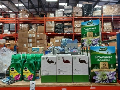 55 PIECE ASSORTED LOT CONTAINING MIRACLE GRO POUR AND FEED, SLUG PELLETED WOOL BARRIER, WESTLAND GROWMORE 6KG BALANCED NUTRIENTS FOR ALL GARDEN PLANTS COMPLETE GARDEN FEED AND ELEPHANT NEO 3 MOP DRAINER.