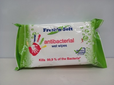 288 X BRAND NEW FRESH'N SOFT ANTIBACTERIAL WET WIPES (DERMATOLOGICALLY TESTED, NO PARABEN) (60 WIPES PER PACK) - IN 12 BOXES