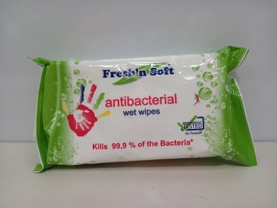 288 X BRAND NEW FRESH'N SOFT ANTIBACTERIAL WET WIPES (DERMATOLOGICALLY TESTED, NO PARABEN) (60 WIPES PER PACK) - IN 12 BOXES