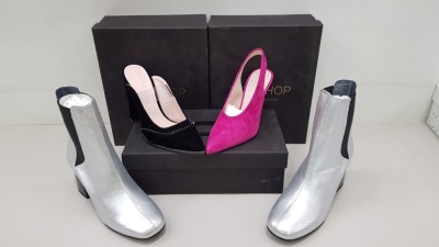 15 PIECE MIXED TOPSHOP SHOE LOT CONTAINING UNIQUE BLACK SUEDE OPEN FOOT HEELED SHOES, LIMITED EDITION PROSECCO BLACK HEELED SHOES, TOPSHOP MAYFAIR SILVER HEELED ANKLE BOOTS AND RHYS NATURAL BLACK HIGH HEELS ETC (TOTAL RRP £950.00)