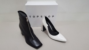 15 PIECE MIXED TOPSHOP SHOE LOT CONTAINING 10 X HEIDI BLACK ZIP UP HEELED ANKLE BOOTS IN SIZE 5, 6, 7 AND 8 (TOTAL RRP £890.00) AND 5 X GOLLY WHITE HEELED OPEN FOOT SHOES SIZE 8 AND 9 (TOTAL RRP £210,.00)