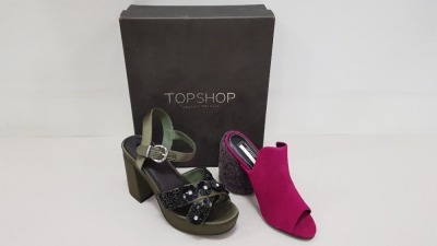 12 PIECE TOPSHOP SHOE LOT CONTAINING 11 X KHAKI OPEN FOOT HEELED SHOES UK SIZE 5, 6 AND 7 (TOTAL RRP £649) AND 1 X PERSIA HIGH MULE MAGNETA SUEDE STYLED SHOES RRP £82.00