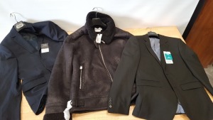 9 PIECE MIXED BLAZER LOT CONTAINING 7 X BURTON MENSWEAR SLIM WITH STRETCH BLAZERS, 1 X TOPMAN LONG JACKET AND 1 X TOPMAN SLIM BLAZER