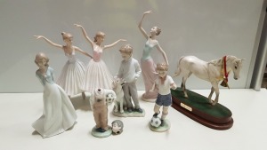 7 PIECE ASSORTED PORCELAIN FIGURE SET IN VARIOUS BRANDS IE LLADRO, NAO AND THE LEONARDO COLLECTION. (PLEASE NOTE ONE BROKEN)