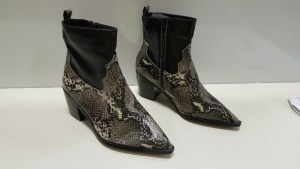 8 X BRAND NEW BAGGED TOPSHOP WF BLISS HEELED BOOTS IN BLACK AND SNAKE PRINT. (SIZE UK 5) RRP £40.00 (TOTAL £320.00)