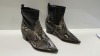 12 X BRAND NEW BAGGED TOPSHOP WF BLISS HEELED BOOTS IN BLACK AND SNAKE PRINT. (SIZE UK 7) RRP £40.00 (TOTAL £480.00)