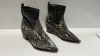 9 X BRAND NEW BAGGED TOPSHOP WF BLISS HEELED BOOTS IN BLACK AND SNAKE PRINT. (SIZE UK 4) RRP £40.00 (TOTAL £360.00)