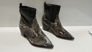 9 X BRAND NEW BAGGED TOPSHOP WF BLISS HEELED BOOTS IN BLACK AND SNAKE PRINT. (SIZE UK 4) RRP £40.00 (TOTAL £360.00)