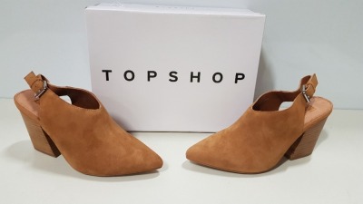 15 X BRAND NEW BOXED TOPSHOP GOJI TAN SUEDE HEELED SHOES (SIZE UK 5) RRP £46.00 (TOTAL £690.00)