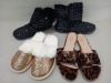 43 PIECE MIXED SLIPPER AND SHOE LOT CONTAINING SOLE SENSTAION ANIMAL PRINT SHOES, AVON MIDNIGHT GLITTER SLIPPERS AND AVON DEOLCIS METALLIC SHOES IN 3 TRAYS (NOT INCLUDED)