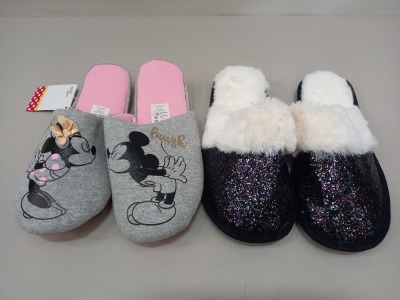 35 PIECE MIXED SLIPPER LOT CONTAINING AVON MINNIE MOUSE SLIPPERS AND AVON MIDNIGHT LUXE GLITTER SLIPPERS IN 2 TRAYS (NOT INCLUDED)