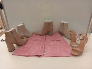 27 PIECE MIXED TOPSHOP LOT CONTAINING SASKIA NUDE HIGH HEELS RRP £29.00, HACKNEY TAUPE HEELED ANKLE BOOTS RRP £46.00, BIRCH TAUPE HEELED ANKLE BOOTS RRP £42.00 AND PINK LEATHER ZIP UP WOMENS SKIRTS UK SIZE 10 RRP £32.00