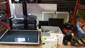 ASSORTED LOT CONTAINING TV STAND, TV, RADIATOR, OFFICE DEPOT TONER CARTRIDGE, MONITORS, SPEAKER, HOOVER ETC