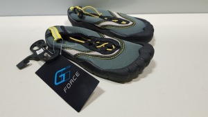 30 X BRAND NEW G FORCE BLACK/ YELLOW AQUA SHOES SIZE JUNIOR 12 AND 10 (26 X SIZE 12 AND 4 X SIZE 10)
