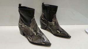 12 X BRAND NEW BAGGED TOPSHOP WF BLISS HEELED BOOTS IN BLACK AND SNAKE PRINT. (SIZE UK 7)
RRP £40.00 (TOTAL £480.00)