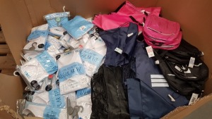 1/3 OF A PALLET OF KIDS SCHOOL CLOTHING AND EQUIPMENT CONTAINING BACKPACKS, SCHOOL SHIRTS AND PHYSICAL EDUCATION BAGS
