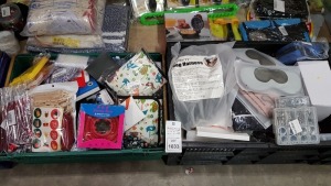 LARGE QUANTITY ASSORTED LOT CONTAINING HANGER WIRE SET, PAINT BRUSHES, EYE MASK, PHONE CASES ETC - IN 2 TRAYS