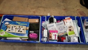 LARGE QUANTITY ASSORTED LOT CONTAINING FOOTBALL GAME, 5 IN 1 BEAUTY CARE MASSAGER, SOAP DISPENSER, JESLED LED STRIP LIGHTS, IPHONE AND AIRPOD CASE ETC - IN 2 TRAYS