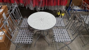 1 X SILVER MOSAIC BISTRO / GARDEN TABLE & 4 CHAIRS SET - SAMPLE (NOTE FEW CRACKS IN THE MOSAIC BUT INTACT)