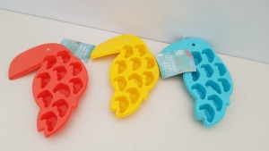 192 X BRAND NEW BOXED SUMMER LIVING SILICON TOUCAN SHAPED ICE CUBE TRAY IN VARIOUS COLOURS IE PINK, YELLOW AND BLUE IN 8 BOXES