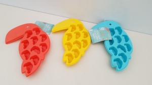 192 X BRAND NEW BOXED SUMMER LIVING SILICON TOUCAN SHAPED ICE CUBE TRAY IN VARIOUS COLOURS IE PINK, YELLOW AND BLUE IN 8 BOXES