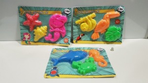 168 X BRAND NEW OUTDOOR SAND MOULD SETS OF 3 TOYS IN MERMAID / SHARK & TOUCAN THEMES - IN 12 BOXES